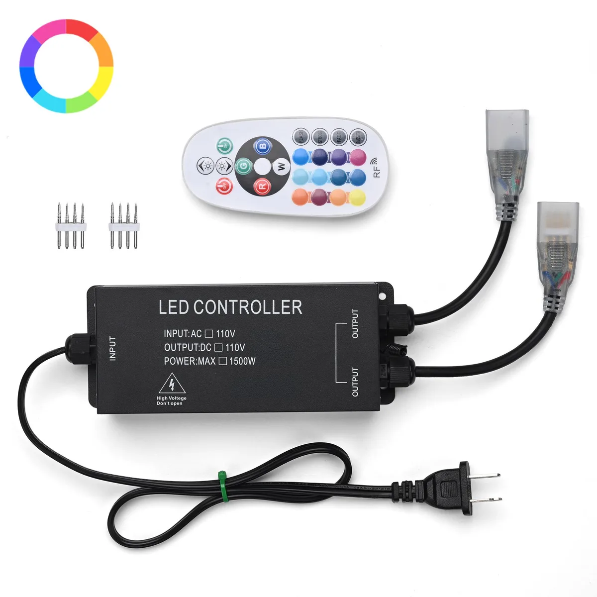 White rectangular receiver box with power cord and 24-key RGB remote control