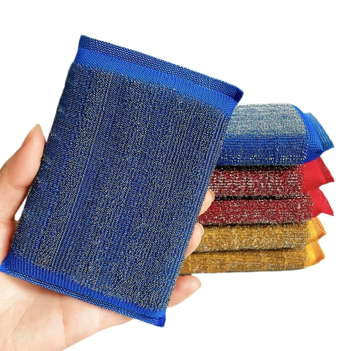 Six rectangular scrubber sponges with steel wool outer layer and coloured sponge core