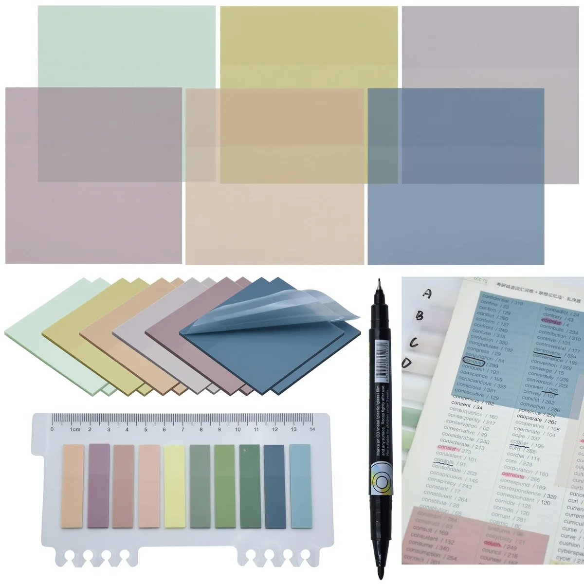 A clear square pad of Morandi sticky notes with a marker pen beside it