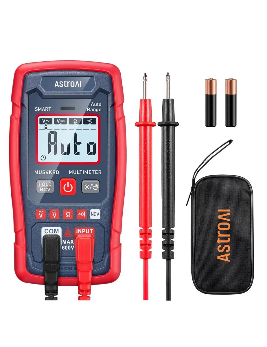 Compact red multimeter with backlit display and test leads