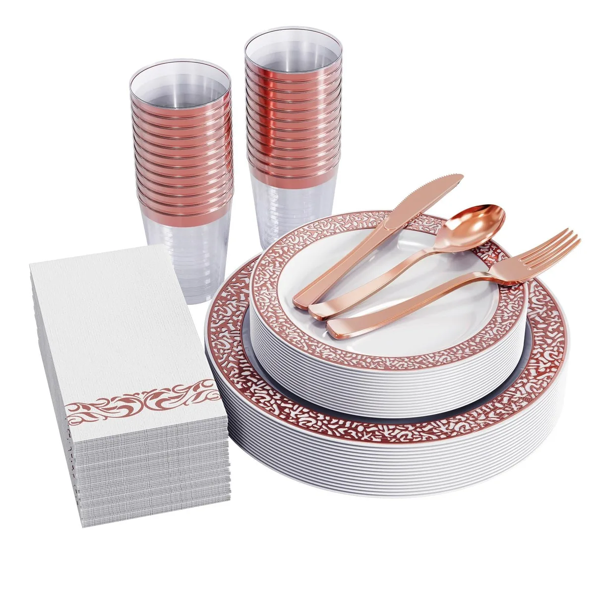 Boxed set of rose-gold plastic plates, cutlery, cups and napkins for 25 guests