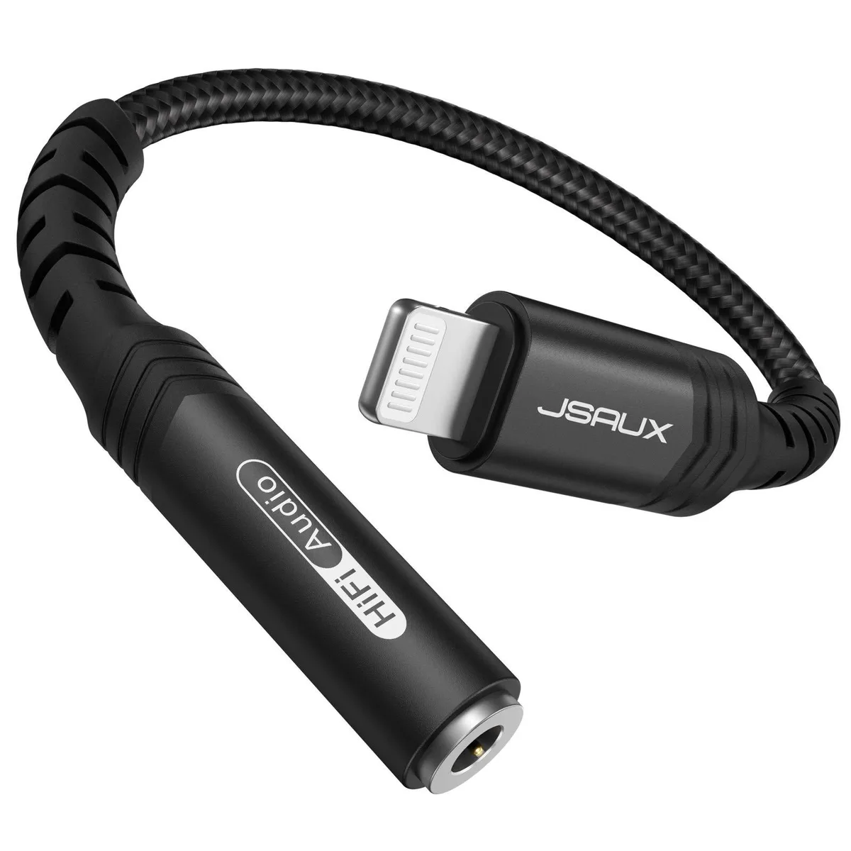 Short black Lightning-to-3.5mm adapter with aluminium housing and braided cable