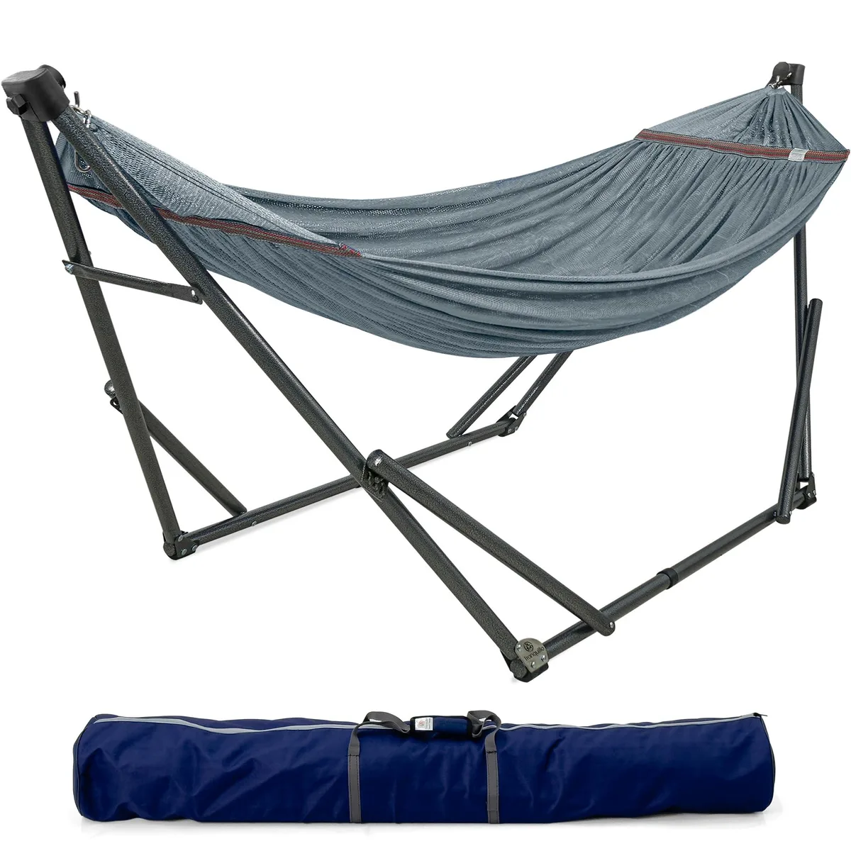 Grey powder-coated steel hammock stand with double net and carry bag
