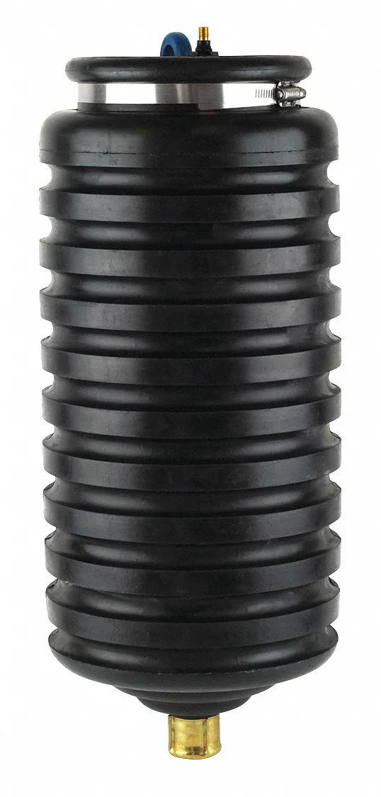 Black rubber pneumatic test plug with metal air valve and tether strap, cylindrical shape for 14 to 16 inch pipes