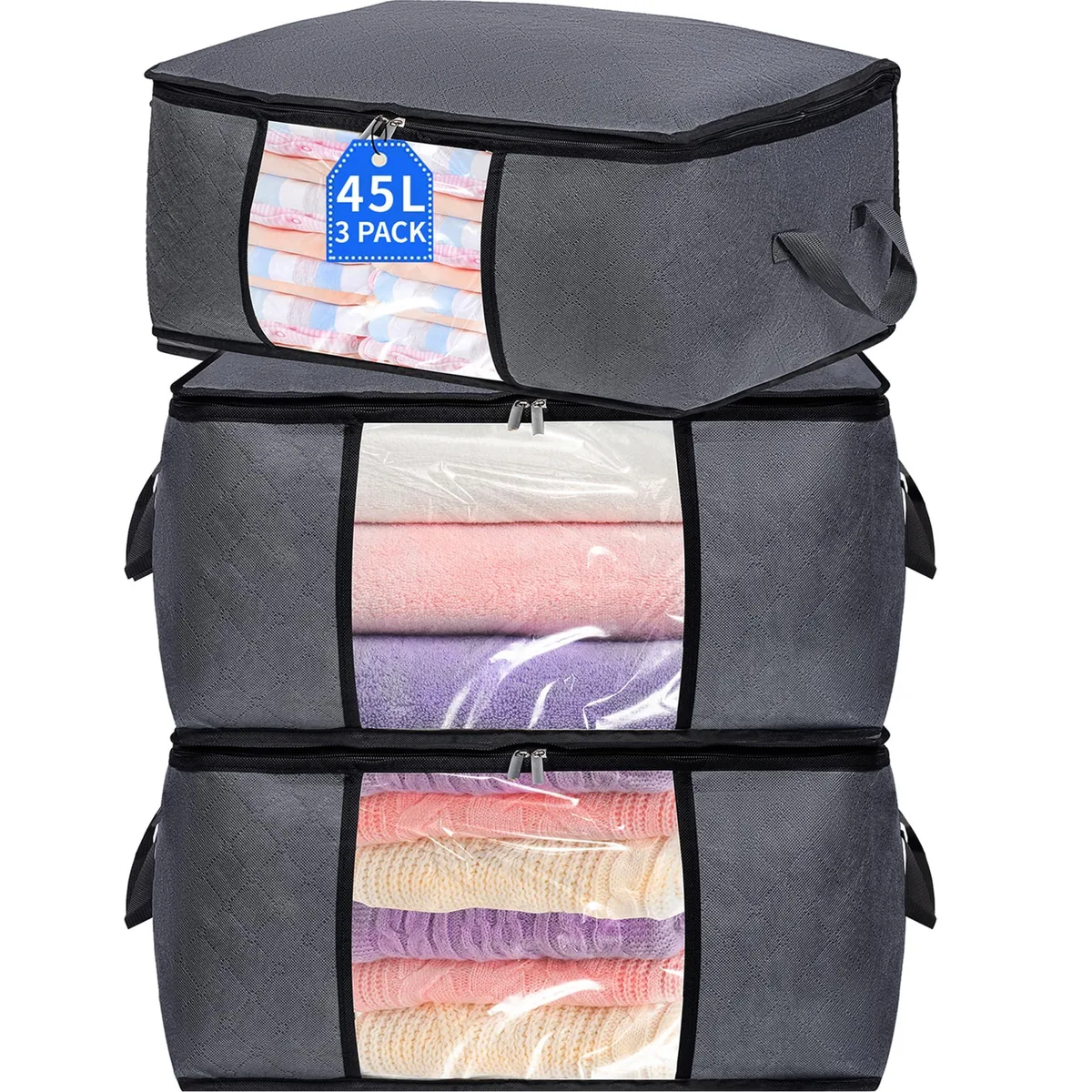 Three gray foldable fabric storage bins with lids, clear front windows, and reinforced handles