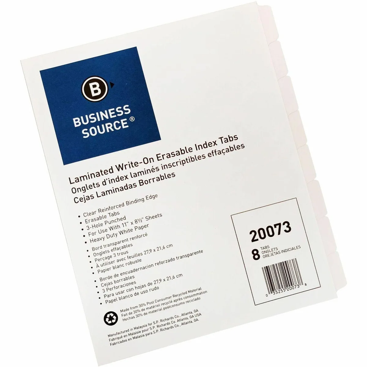 Business Source Business Source 20073 Erasable Tab Indexes 8-Tabs 11x8-1/2 White — product photo