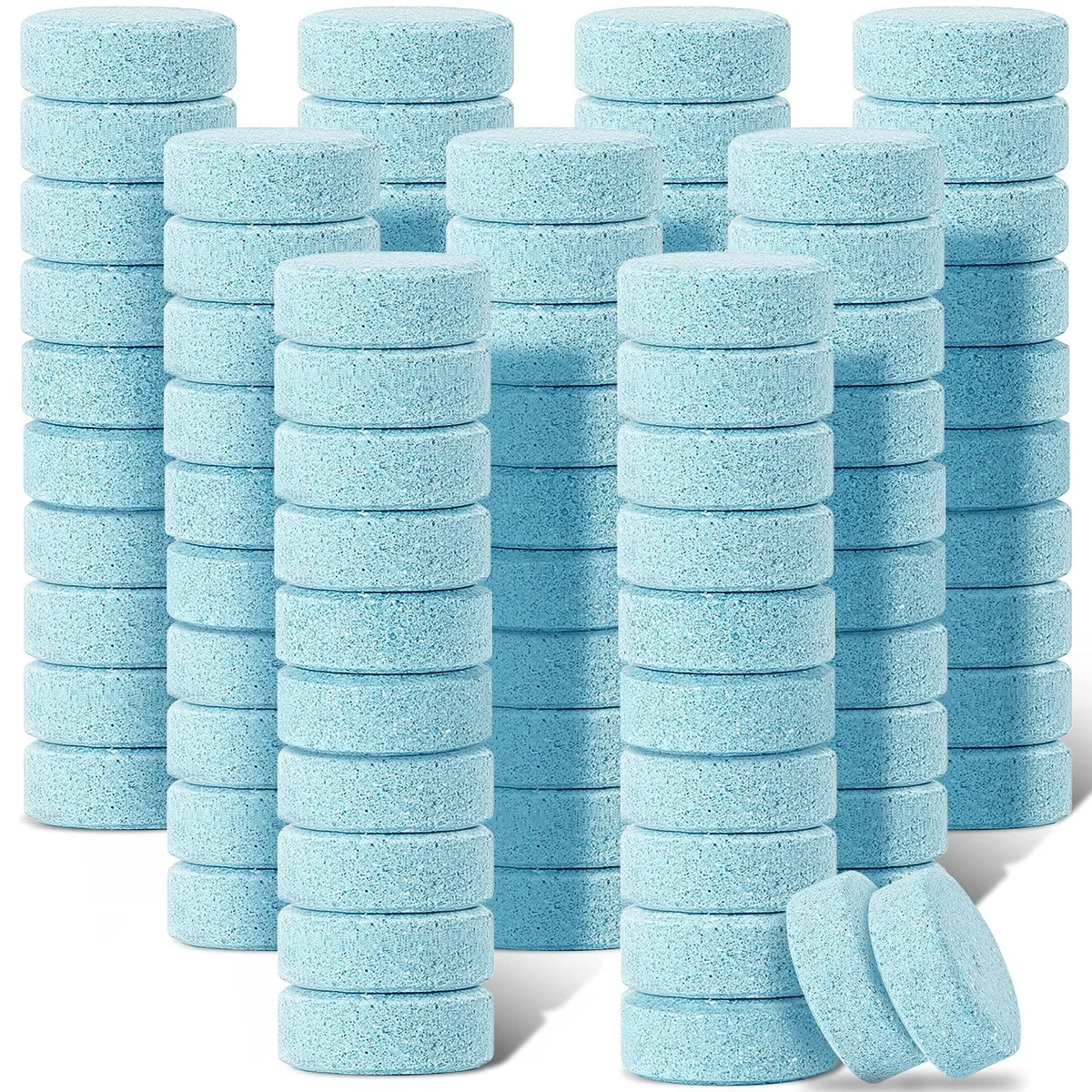 Pack of 100 small white effervescent tablets, each .6 inch or 1.5 cm diameter