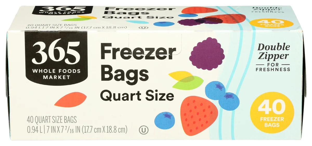Cardboard box of 40 beige quart freezer bags with double zipper seal
