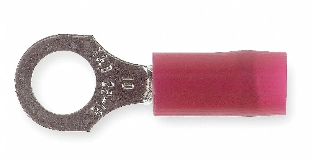 Red nylon-insulated copper ring terminal with #10 stud hole