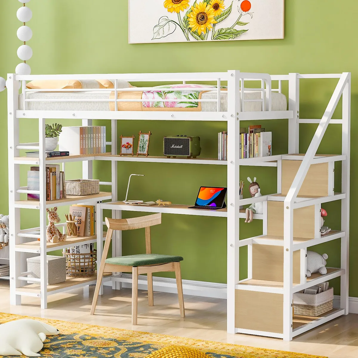 tuphen tuphen Twin Metal Loft Bed with Staircase, Desk &amp; 4-Tier Shelves, White — product photo