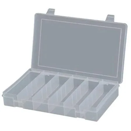 Clear polypropylene box with six fixed compartments and snap latches