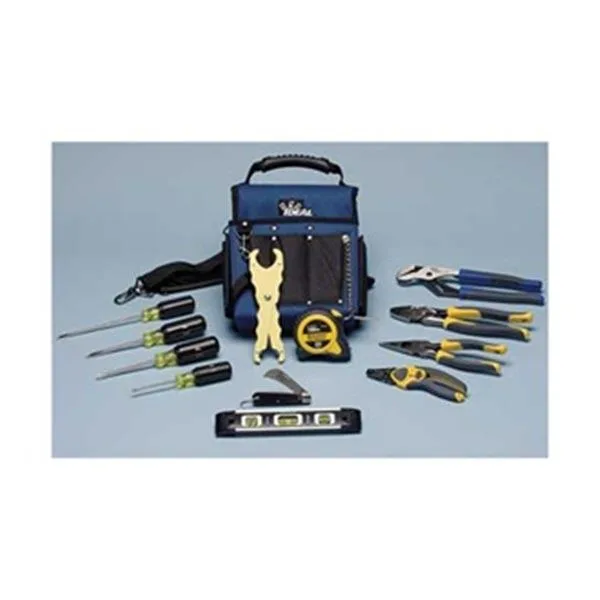 Open tool bag showing thirteen assorted hand tools inside