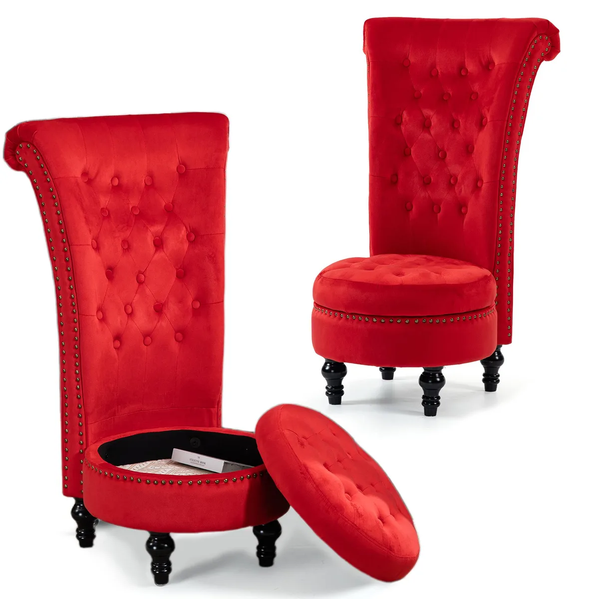 Pair of high-back red velvet throne chairs with button tufting, nailhead trim, wingback silhouette, orbicular rubberwood legs