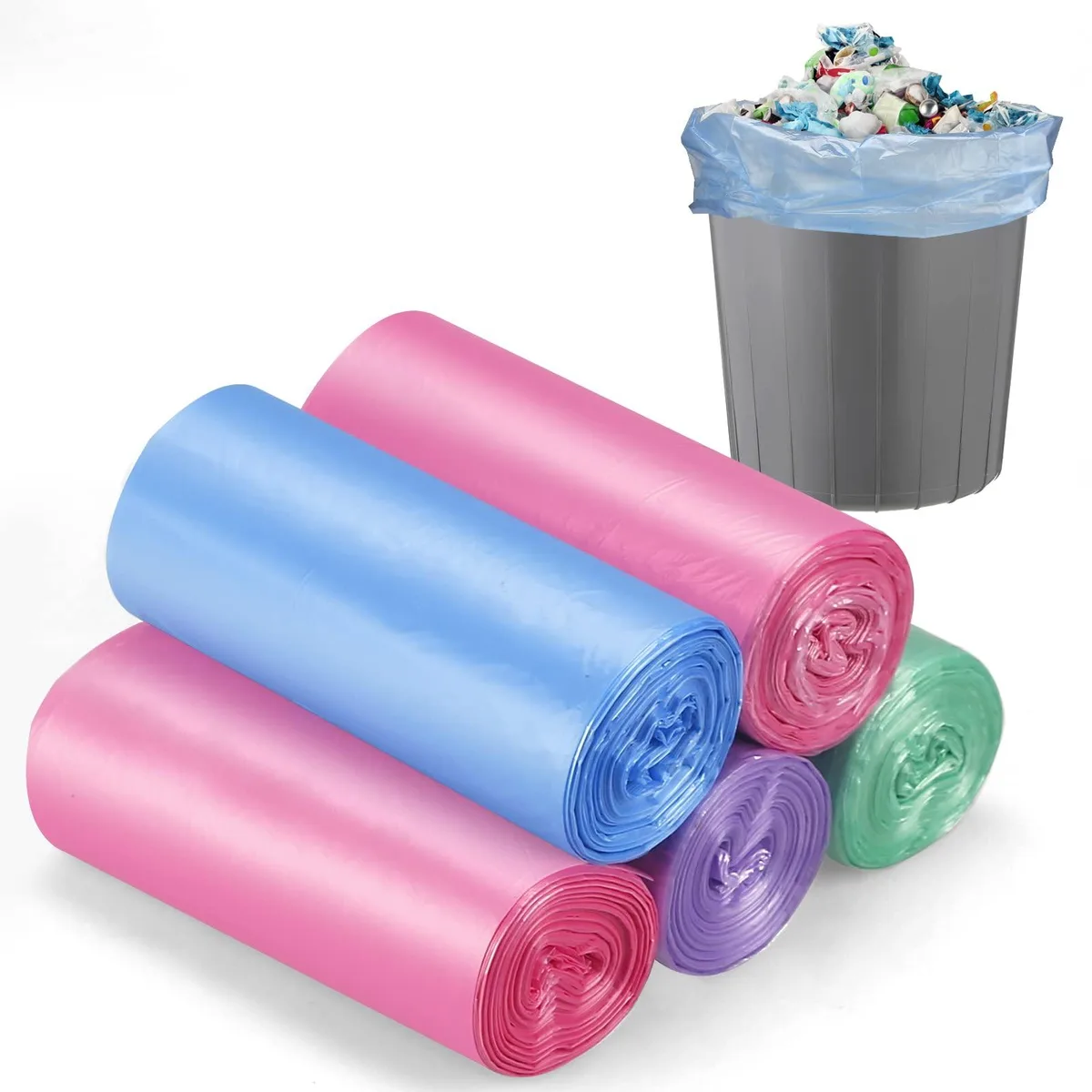 Five rolls of multicoloured small trash bags in a pack