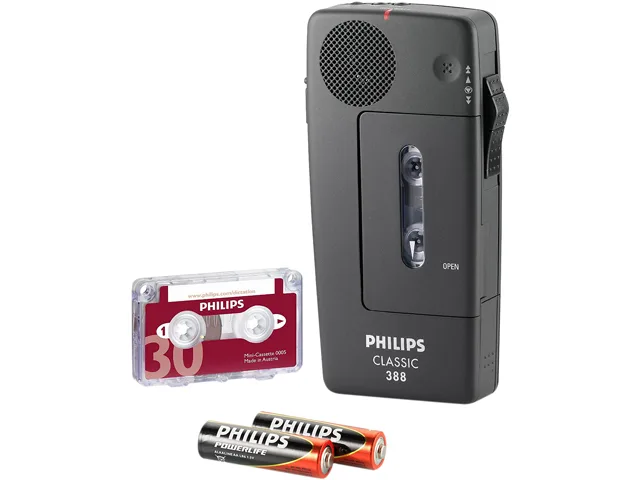 Black pocket cassette recorder with wrist strap and mini cassette tape