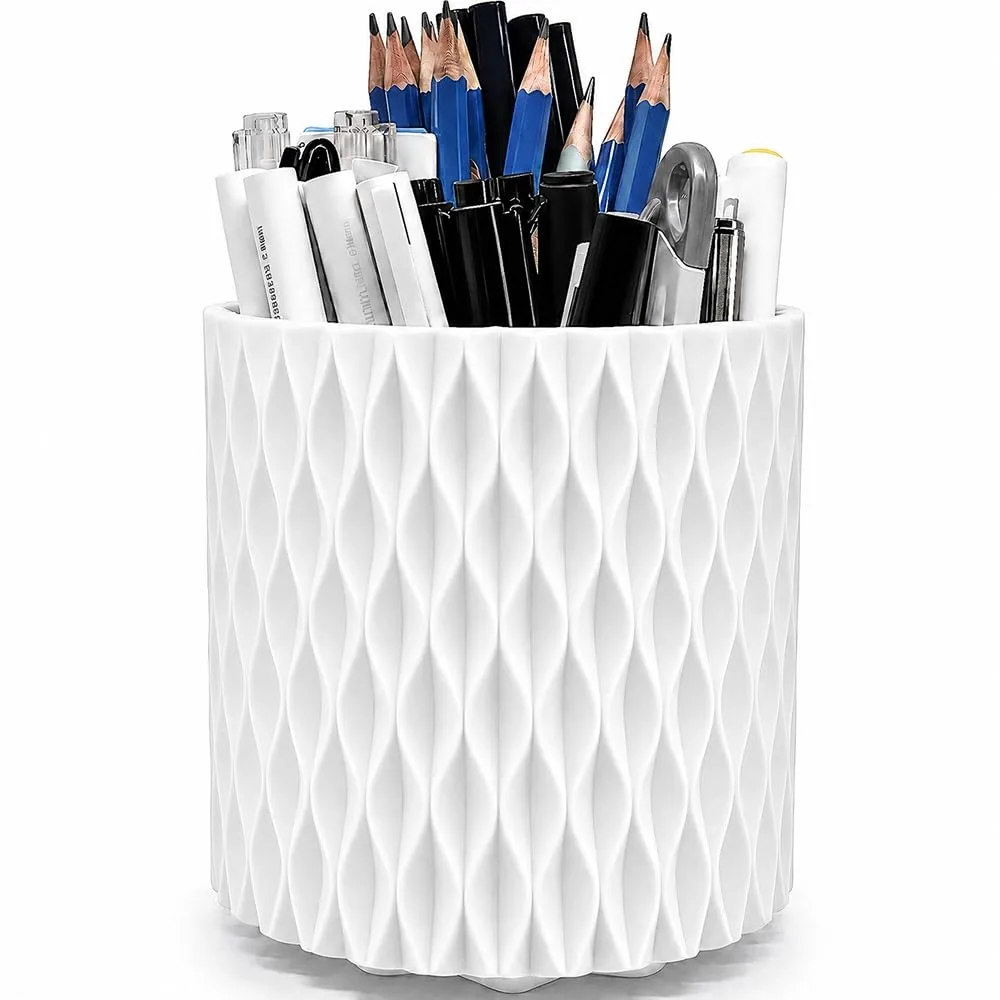 White plastic rotating pen holder with five compartments and water ripple texture, 4.7 inches square base
