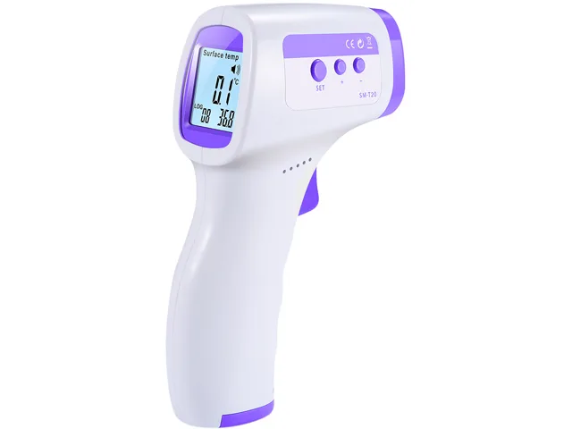 Purple handheld forehead thermometer with trigger and digital display