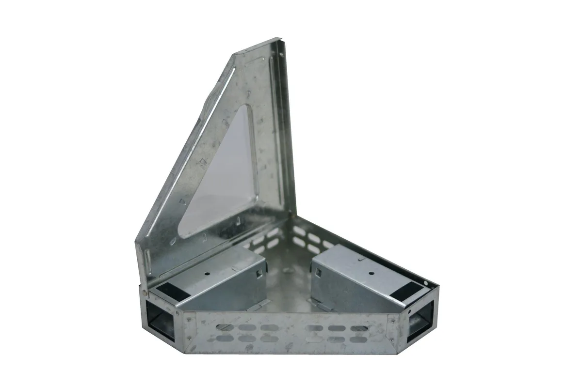 Rectangular plastic corner trap with clear window and entry holes
