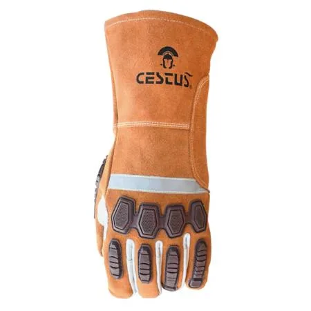 Pair of 3XL work gloves in cowhide and goat leather with long cuffs, TPR impact guards and reflective striping