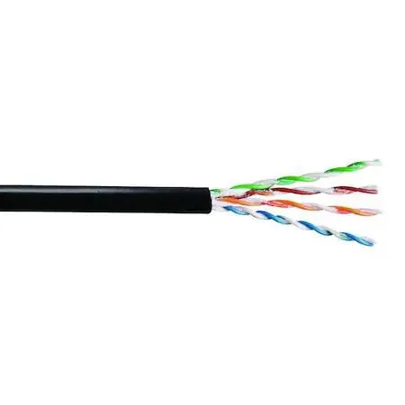 Black Cat 5e data cable on a spool, 100 ft length, 24 AWG solid conductors, PE jacket