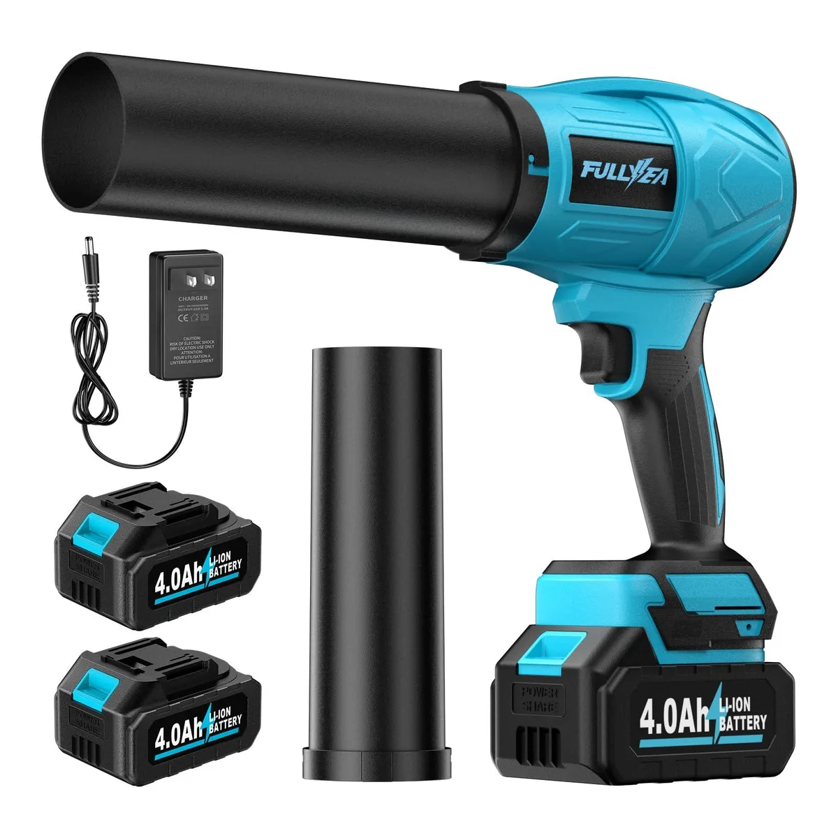 Handheld cordless leaf blower with two 4.0 Ah batteries and charger, lightweight matte finish