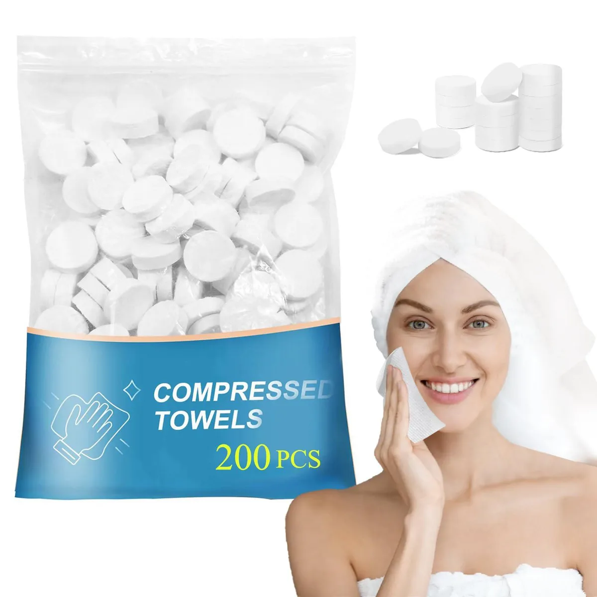 White cylindrical container holding 200 compressed coin-sized towels that expand to 20x22cm