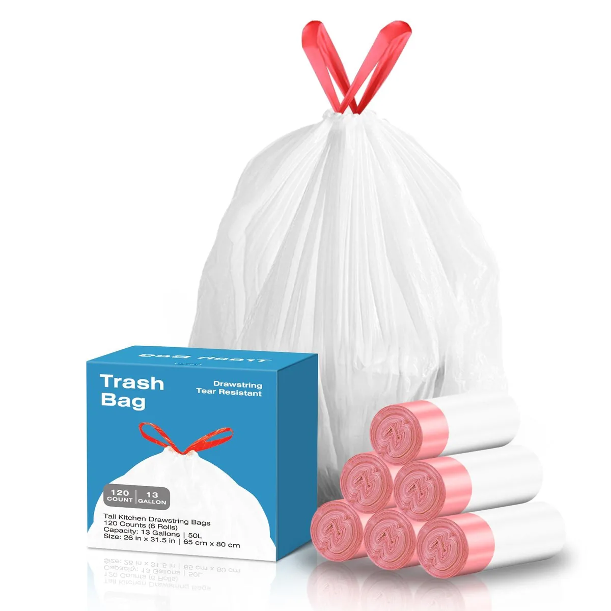 White drawstring trash bags on a roll, 120 count, 13.2 gallon capacity