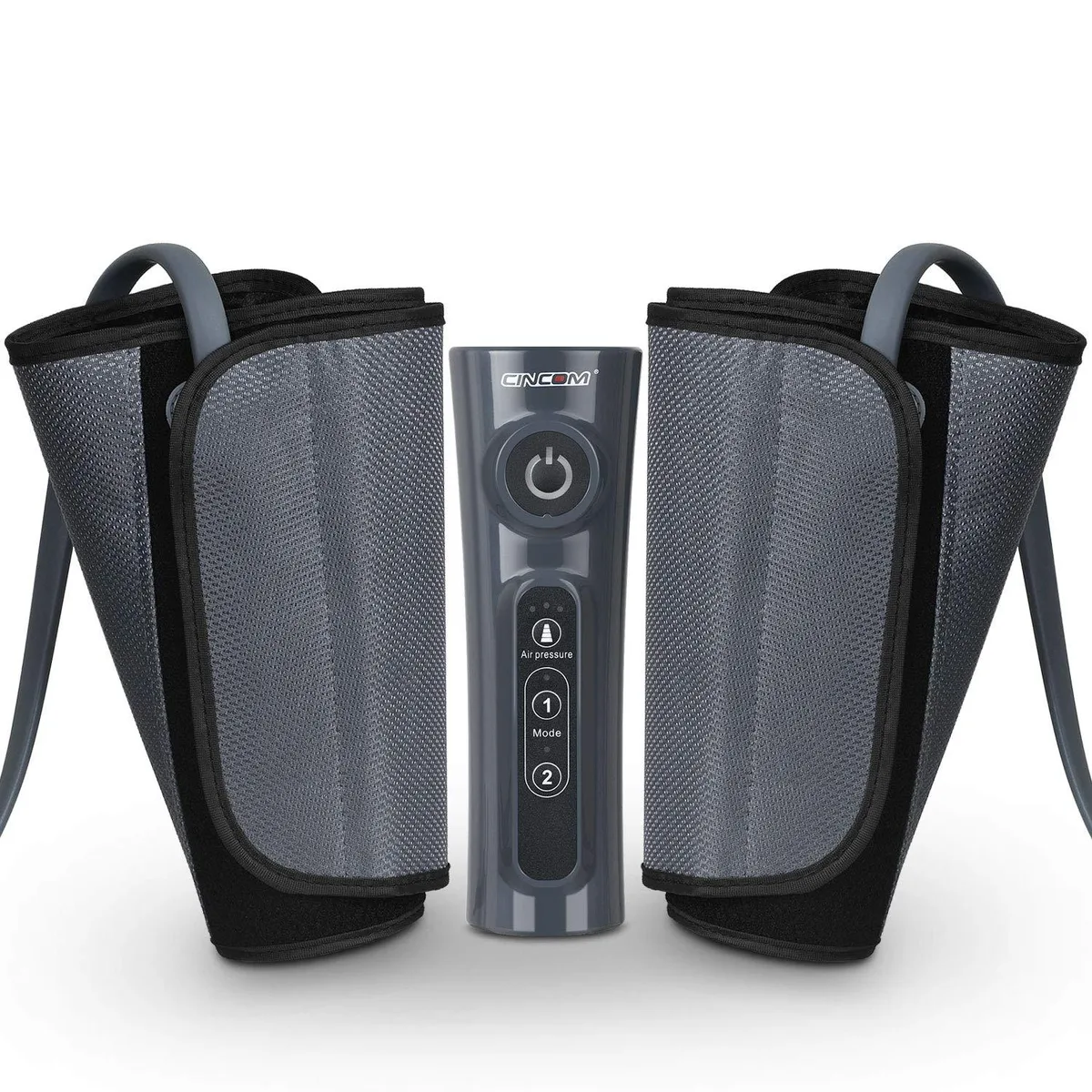 Grey fabric leg massager with adjustable wrap straps and handheld controller