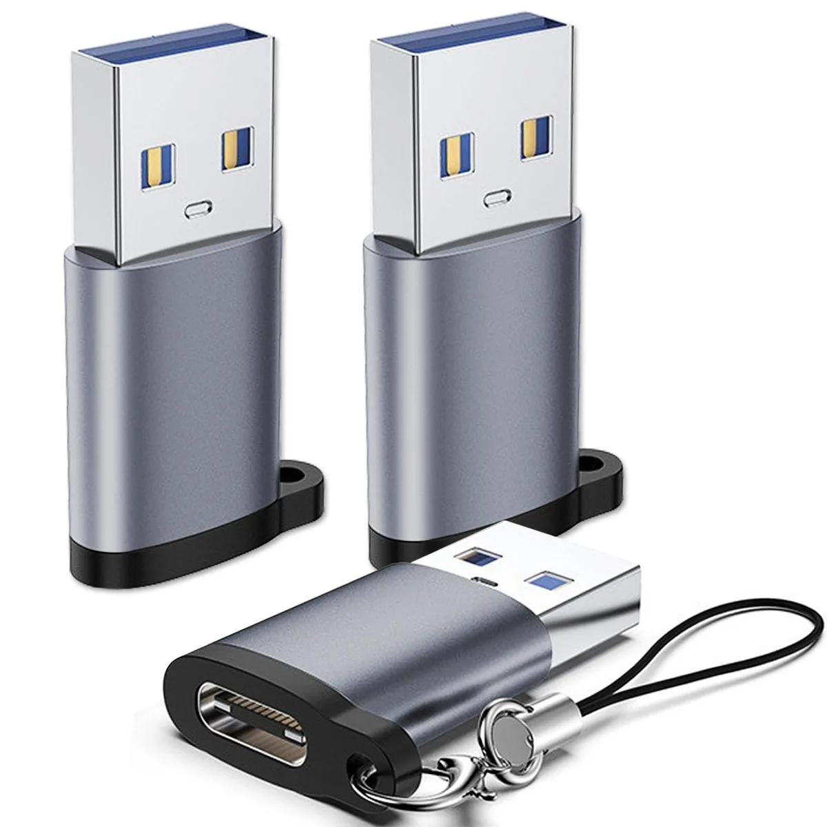Three small gray USB-C female to USB-A male adapters with lanyards
