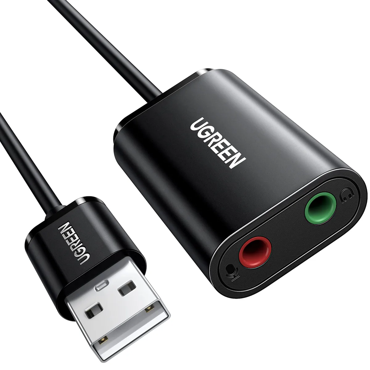 Small black USB-A dongle with two 3.5 mm jacks