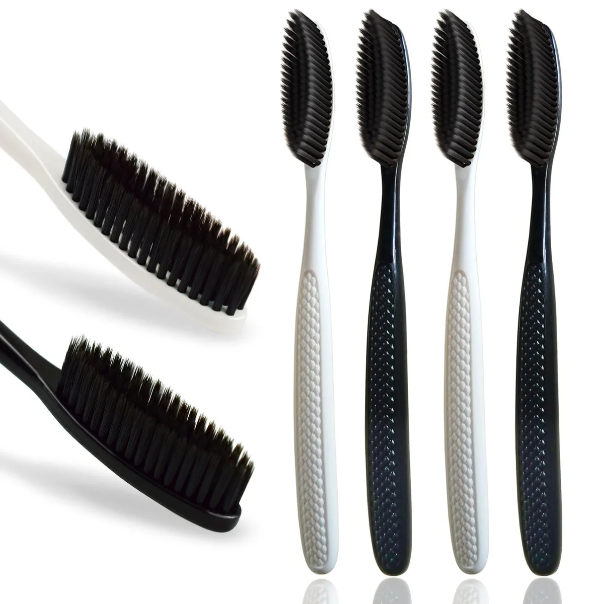 White manual floss with 70-hole charcoal bristles, 4.5cm head, diamond-cut handle