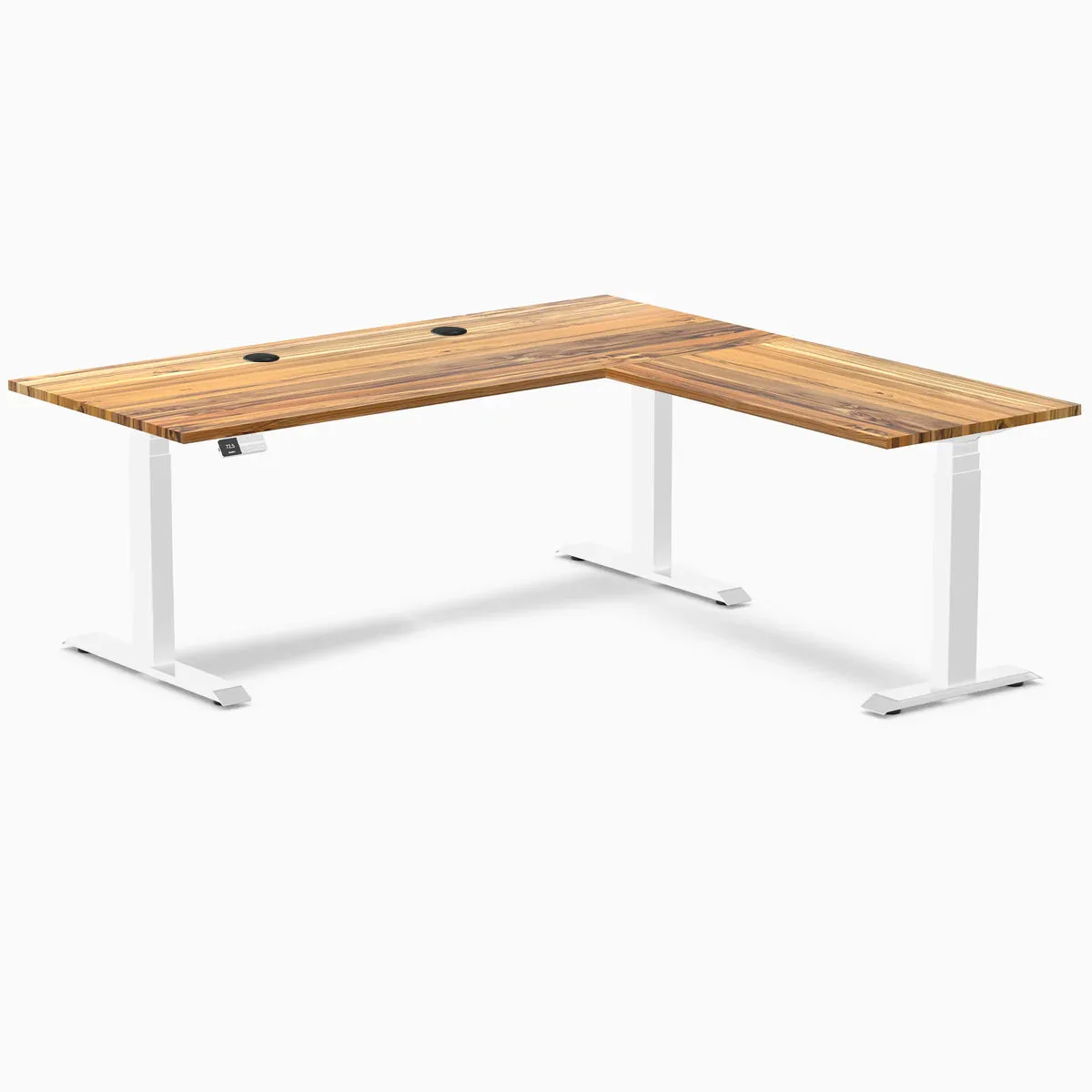 Desky Desky Hardwood L-Shape Sit Stand Desk Teak White 72x30x70x24 in with Grommets — product photo