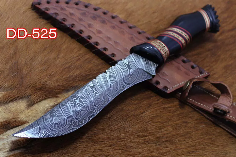 Damascus Depot Damascus Depot 13" Hand-Forged Damascus Skinning Knife, Engraved Bull Horn Handle, Leather Sheath — product photo
