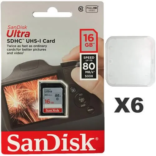 SanDisk SanDisk 16GB Ultra SDHC Class 10 UHS-I 80MB/s SD Card 6 Pack with Cases — product photo