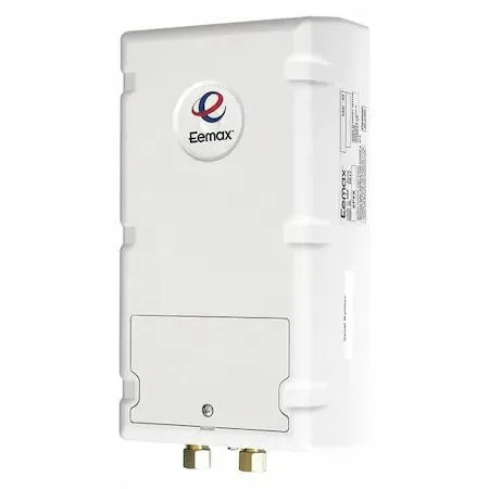 Compact white rectangular tankless water heater, 10.75 by 5.25 by 3 inches, with inlet and outlet fittings