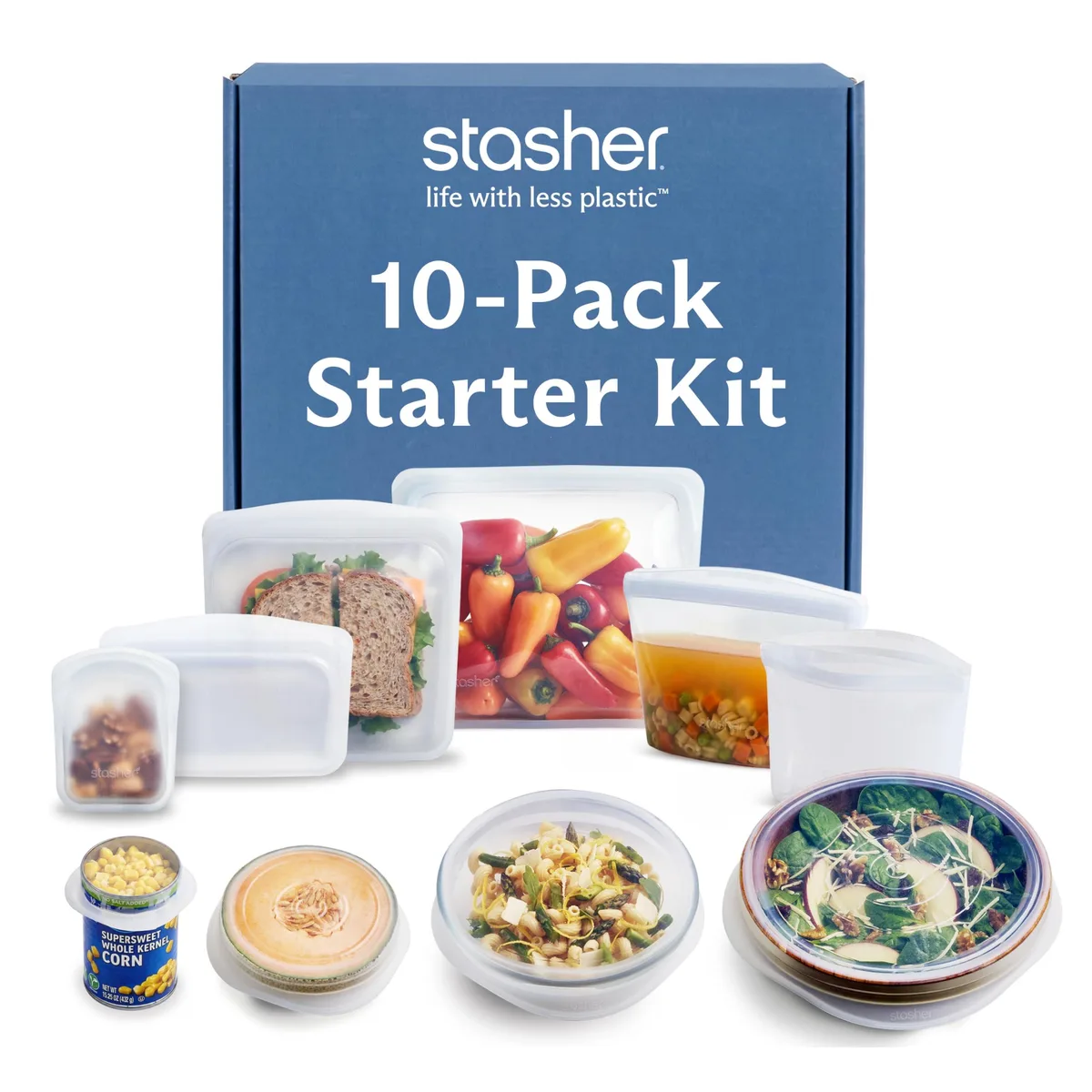 Clear boxed set of ten platinum silicone bags, bowls and stretch lids