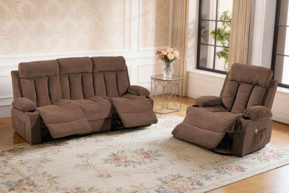 VANBOW VANBOW 2 Piece Manual Recliner Set Brown Sofa+Chair — product photo