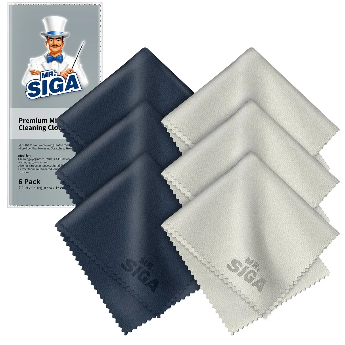 Six navy and grey microfiber cloths in clear bags