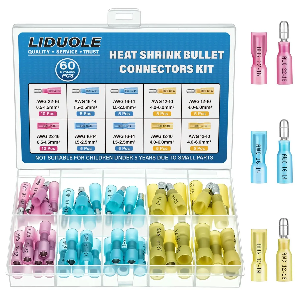 LIDUOLE Heat Shrink Bullet Wire Cap Connectors 22-10AWG 60PCS — product photo