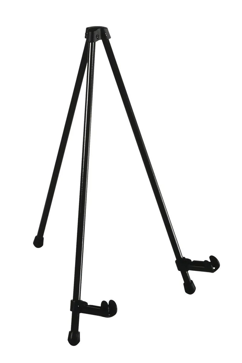 Black metal tabletop easel, compact single-mast frame, folds flat for storage