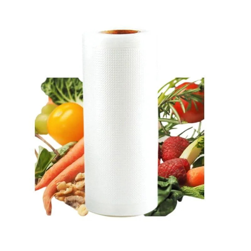 Two clear plastic vacuum sealer rolls, 8 inches wide, embossed texture on one side
