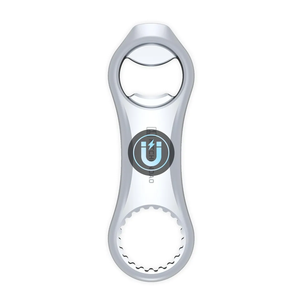 Silver die-cast opener with magnet and soft-touch handle, 11.99 x 4.01 x .03 cm