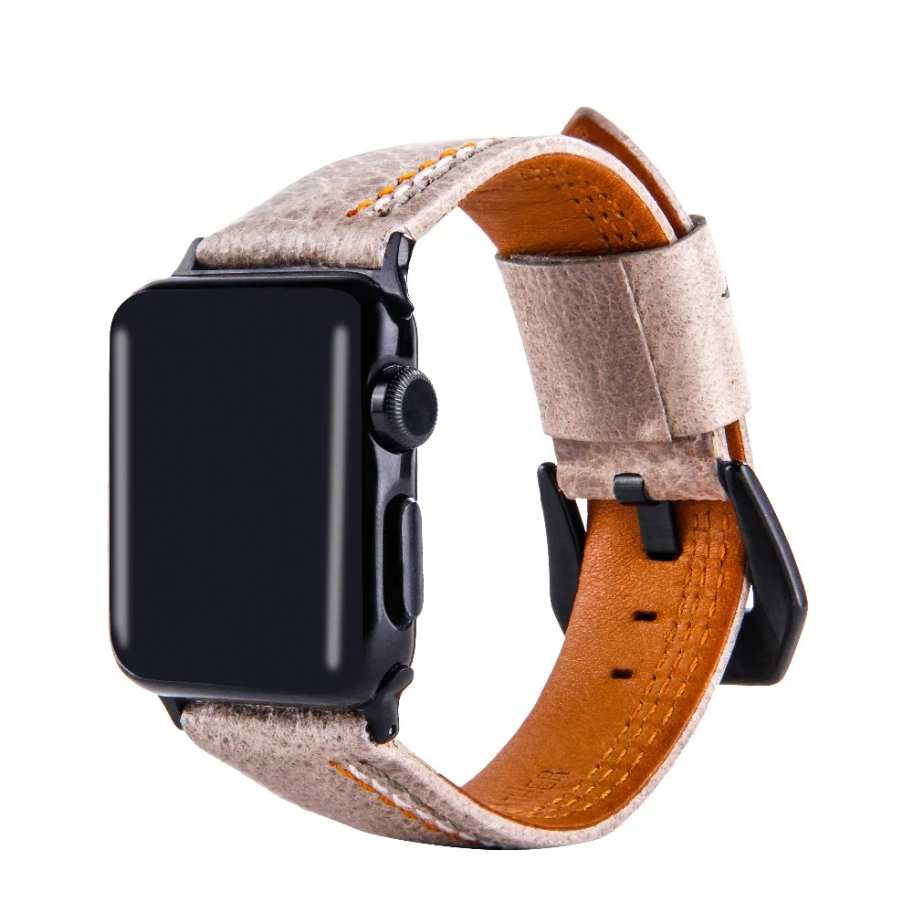 Grey leather watch band with three colour lines and silver buckle, shown flat