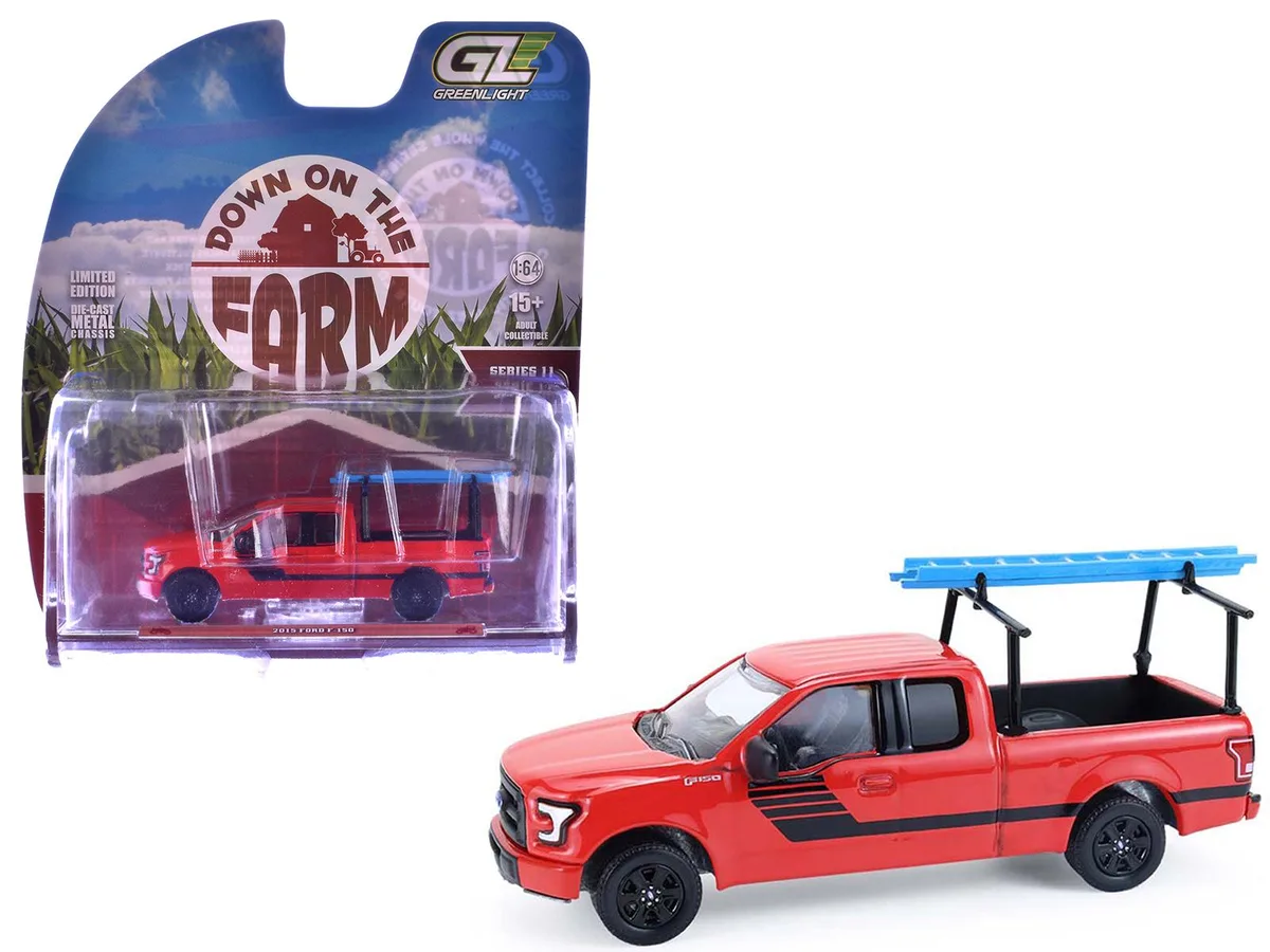 GREENLIGHT GREENLIGHT 2015 Ford F-150 Ladder Rack Red Black Stripes Down on the Farm 1/64 Diecast Hobby Collectible — product photo