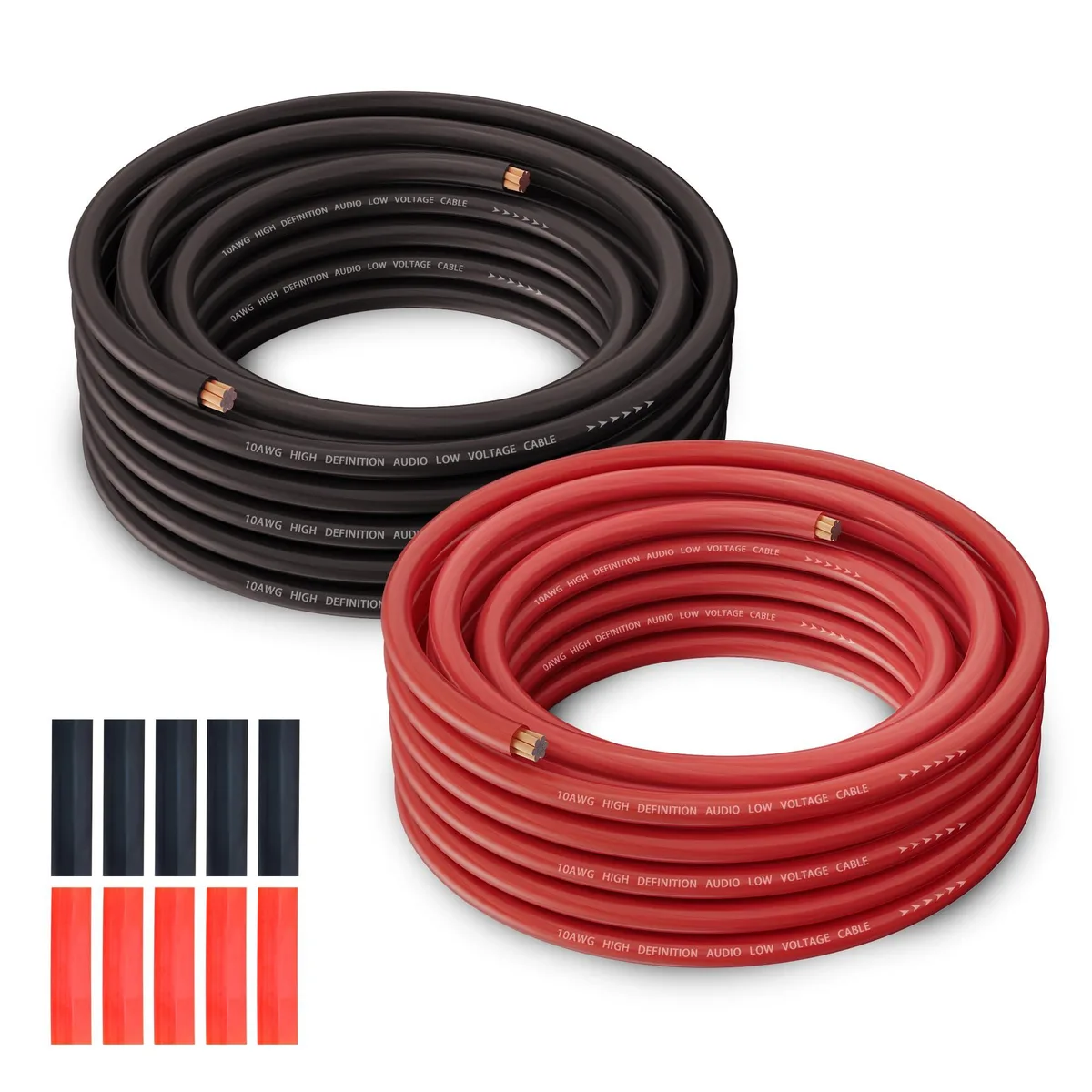 Fifty-foot spool of 14 AWG speaker wire in black and red translucent PVC jacket