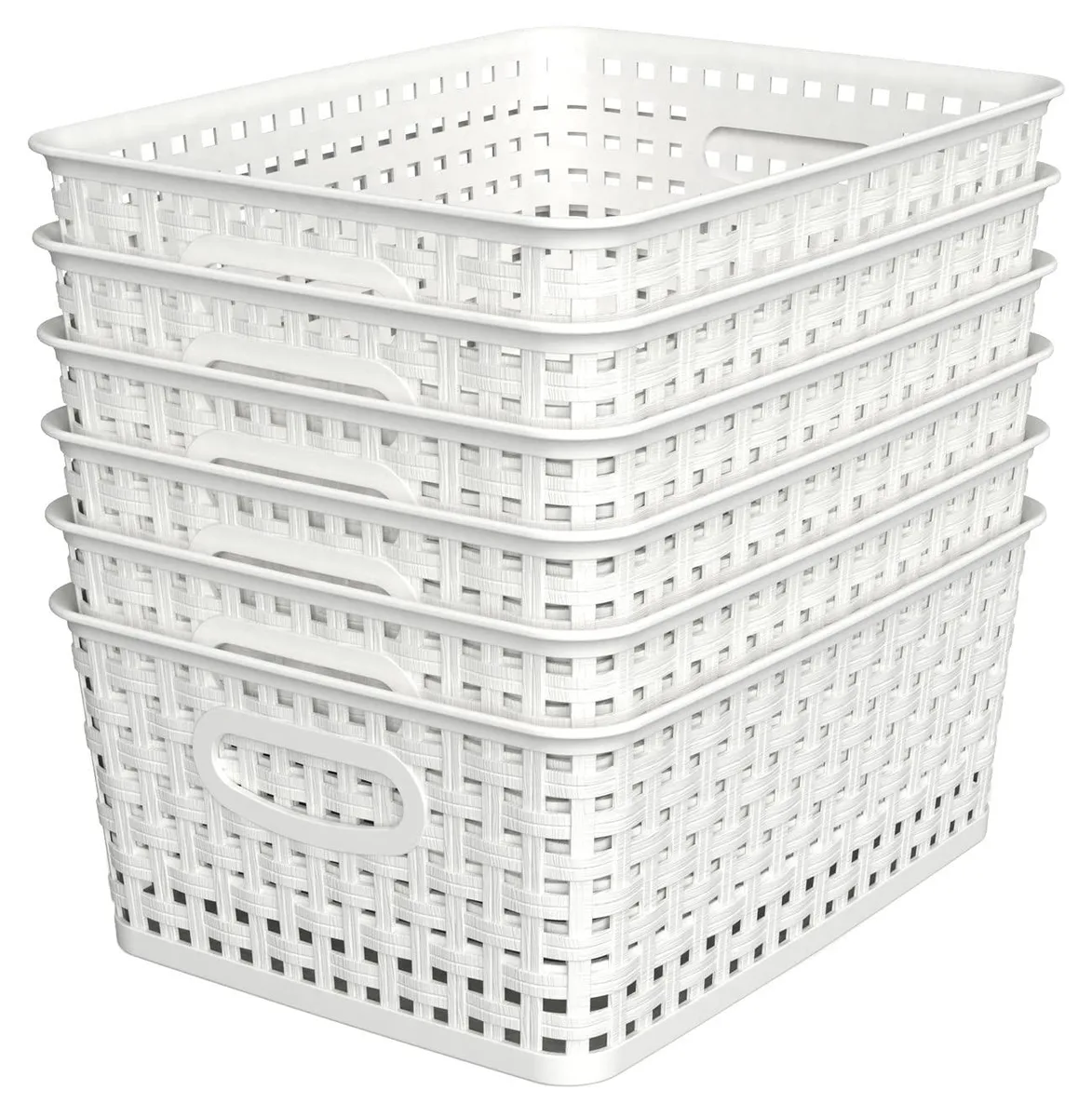 Six white woven plastic baskets in a stack, rectangular with open tops and textured sides