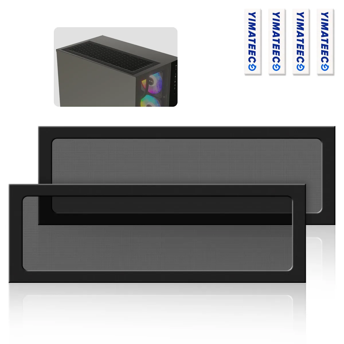 Two black rectangular magnetic dust filters with fine nylon mesh and PVC frames, plus four small gel pads
