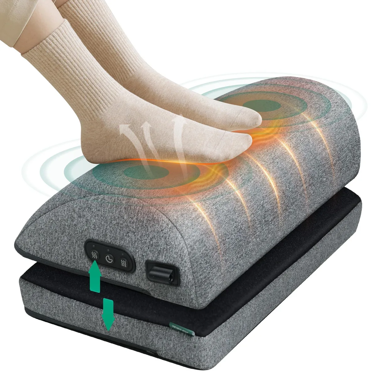 Grey adjustable foot massager with fabric cover and height settings