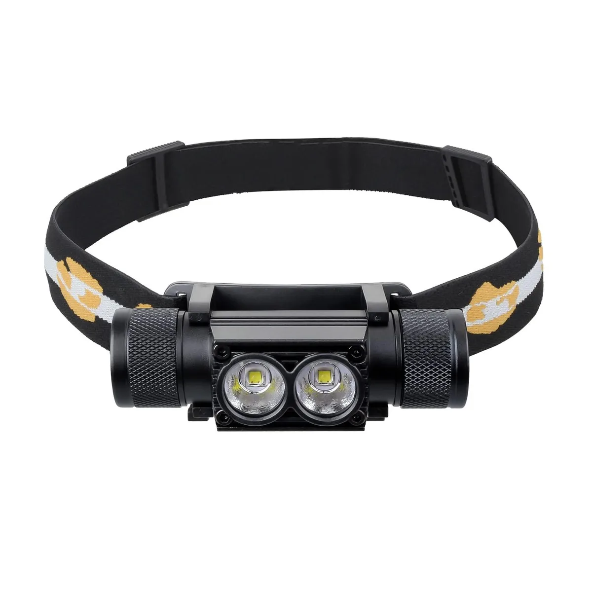 Black aluminum headlamp with dual LEDs, adjustable headband, USB-C port visible