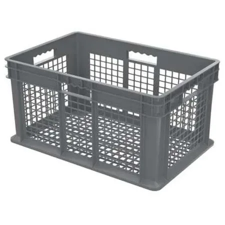 Grey vented plastic storage tote, straight walls, no lid, stackable, 20 gal capacity